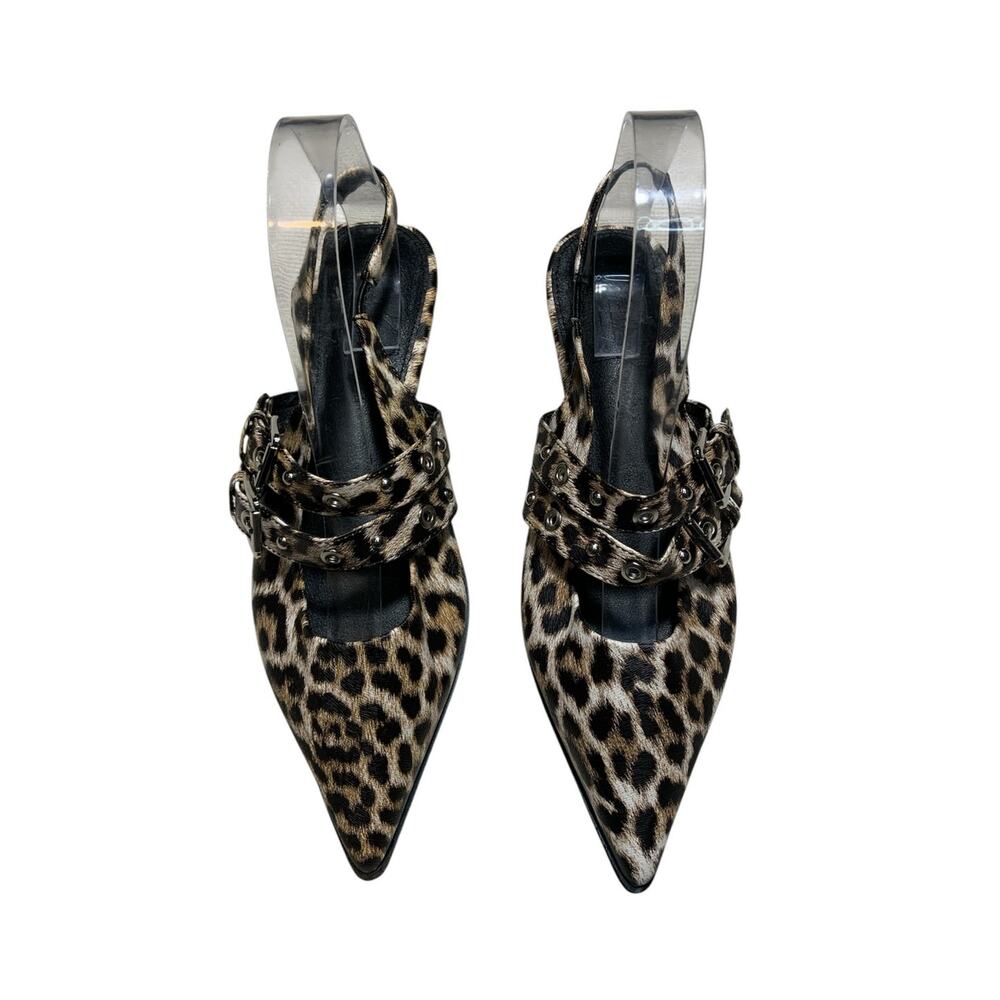 Women's Leopard Print Sling Back Dual Buckle Flat Sandals Tan Black Size 6.5(37)